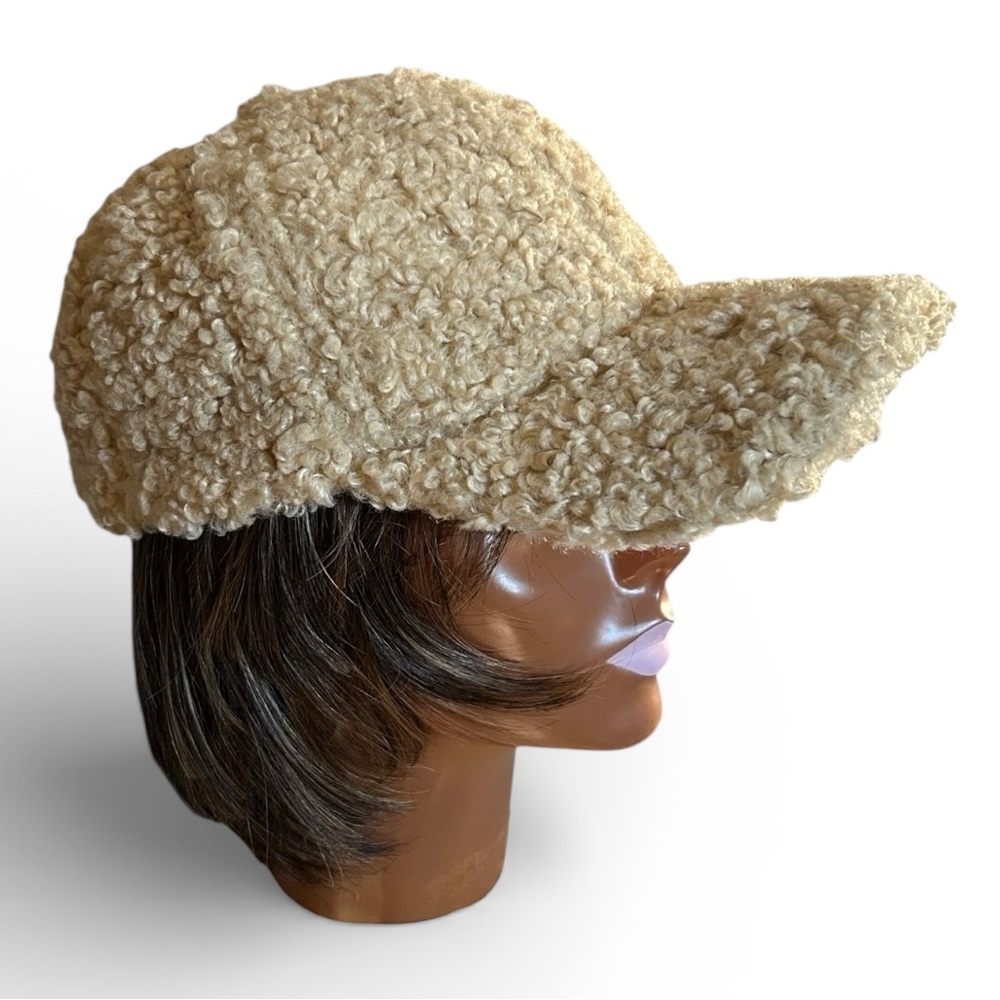 Cozy Plush Textured Shearling Poodle Baseball Cap with Soft Fleece Feel in Beige
